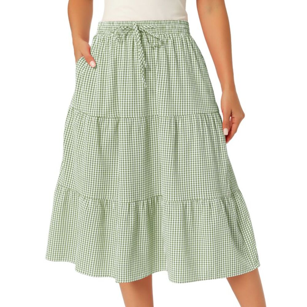 Women's Gingham Skirt Summer Casual Tiered Plaid A-Line Midi Skirts Green